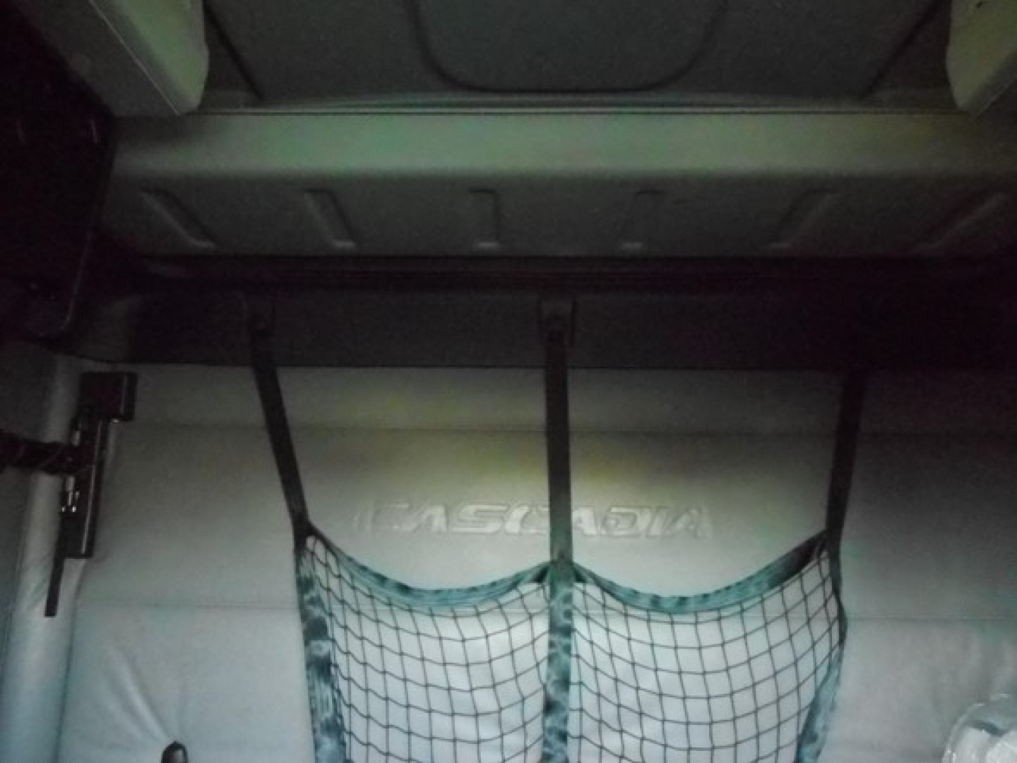 Cascadia truck interior view showing storage net and cargo area with 'FREIGHTLINER' branding on the side panel.