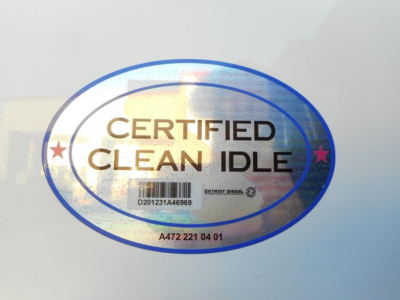 Certified Clean Idle sticker on vehicle exterior showing D201231A46969 barcode and A472 221 04 01