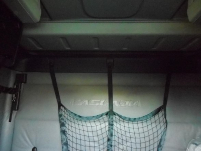 Cascadia truck interior view showing storage net and cargo area with 'FREIGHTLINER' branding on the side panel.