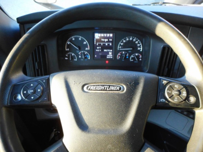 Steering wheel view of a Freightliner truck cockpit with gauges and digital display behind steering wheel, Freightliner emblem visible on center.