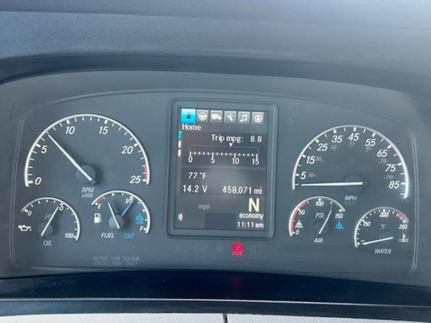 Dashboard of a Freightliner Cascadia 126 showing instrument cluster with speedometer, tachometer, fuel gauges, and center digital display reading trip mpg 8.8, 458,071 miles, 14.2 V, N gear.