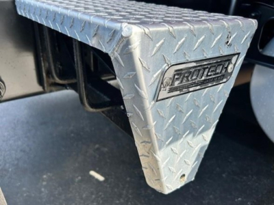 Step/footboard showing ProTech metal diamond-plate with ProTech logo badge on Freightliner Cascadia chassis.