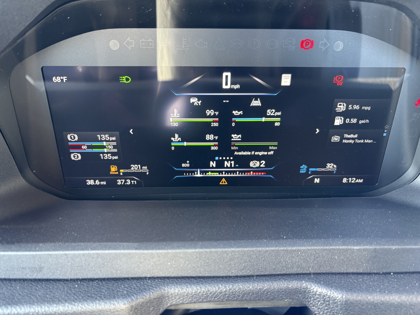 Mack AN64T dash cluster showing digital gauges including speedometer at 0 mph, fuel, engine data, and warning icons.