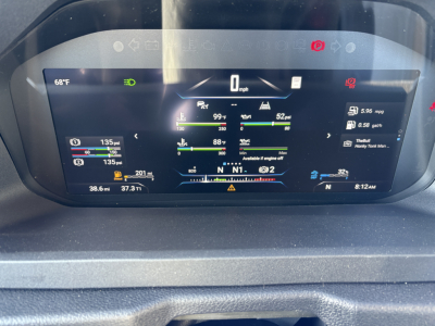 Mack AN64T dash cluster showing digital gauges including speedometer at 0 mph, fuel, engine data, and warning icons.