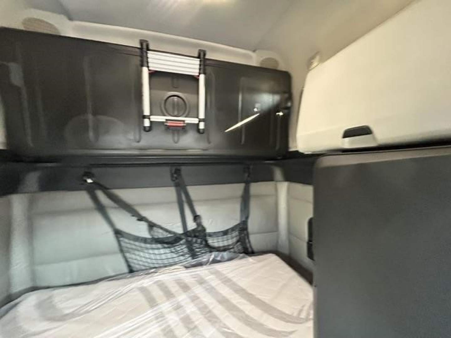Freightliner Cascadia sleeper cab interior showing storage bunk area with hanging storage net and overhead cabinet.