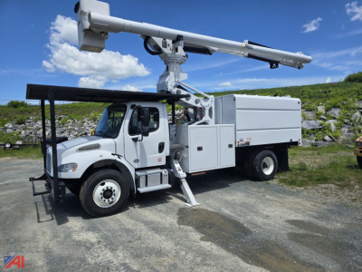 Bucket truck on highway-legal Freightliner M2 106 with Altec LRV-60E70 boom, utility/service body, under-blue sky.