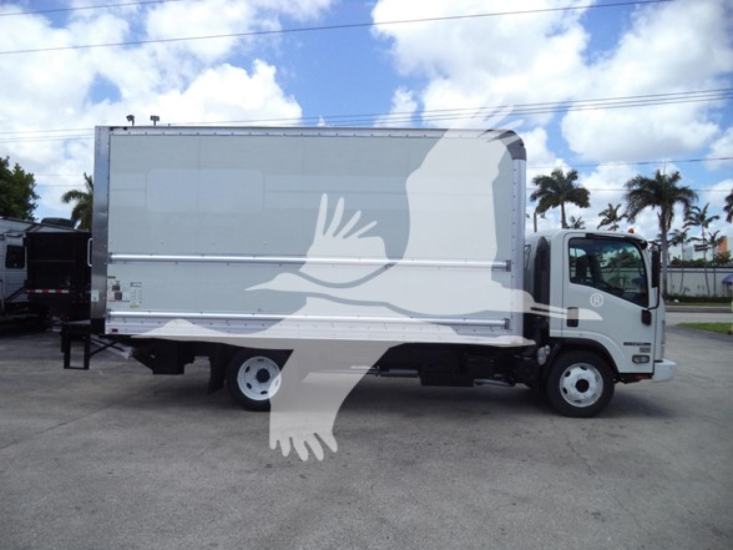 Isuzu NPR box truck side view showing cargo box and cab; VIN 54DC4W1D9MS201732 not visible on image.