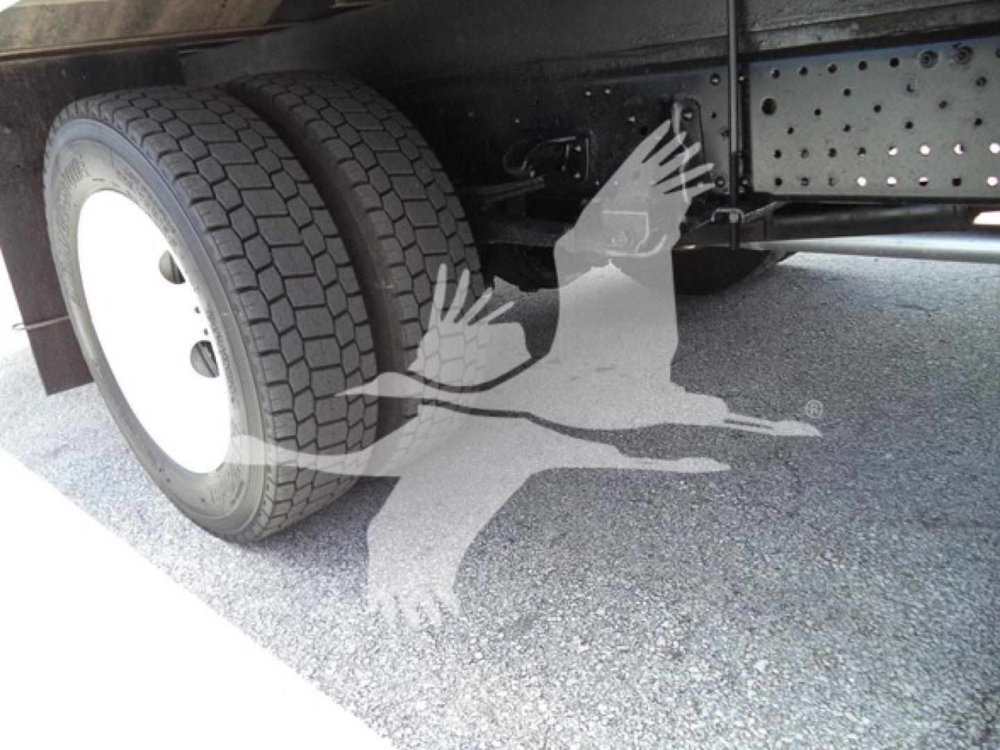Isuzu NPR truck undercarriage showing dual rear wheels and chassis with DOT-type frame, tire tread visible.