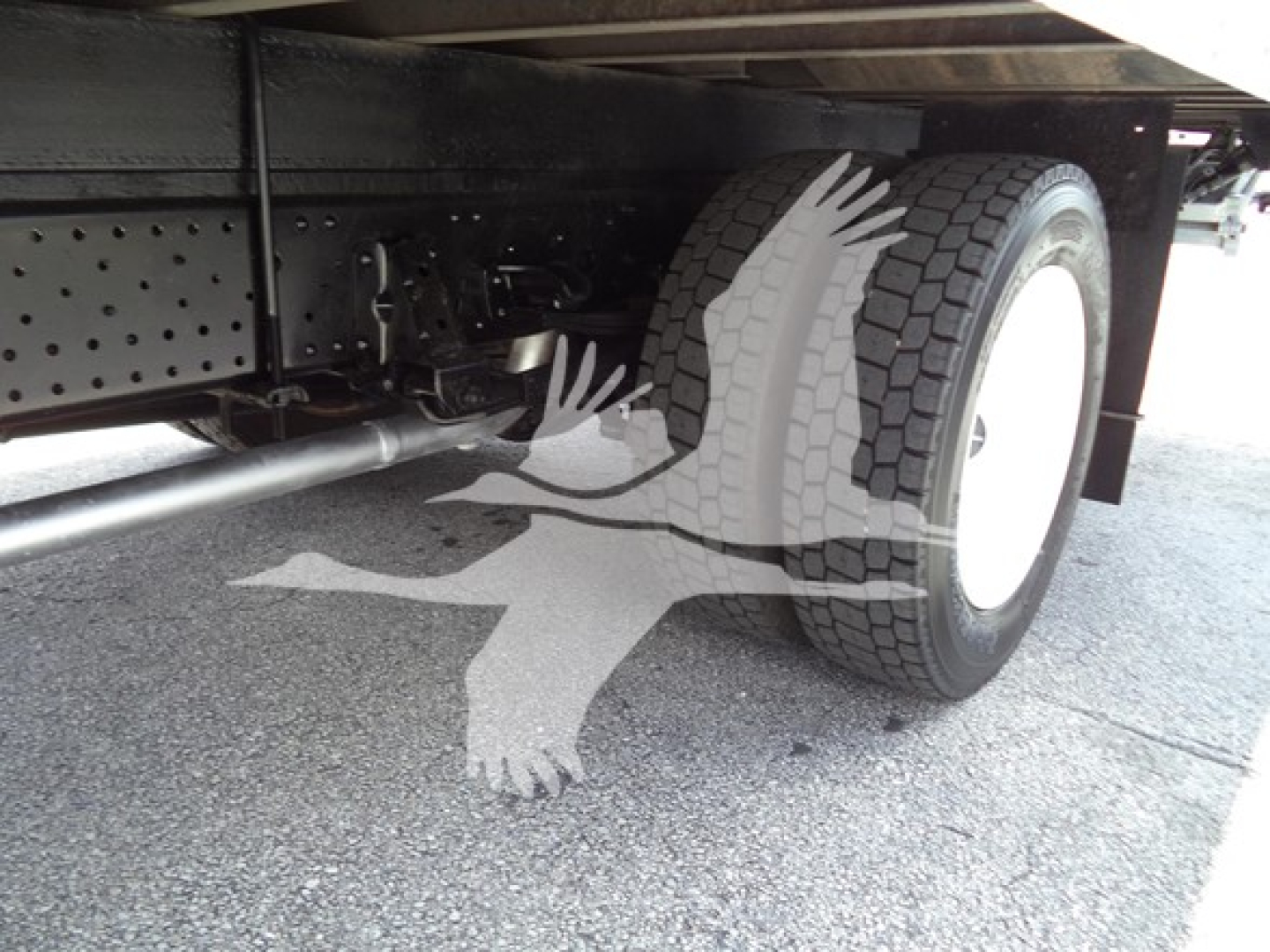Isuzu NPR chassis undercarriage with dual rear wheels and visible exhaust/drive components.