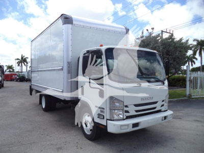 Isuzu NPR box truck showing cab and cargo box; no legible labels visible on image aside from generic Isuzu grille