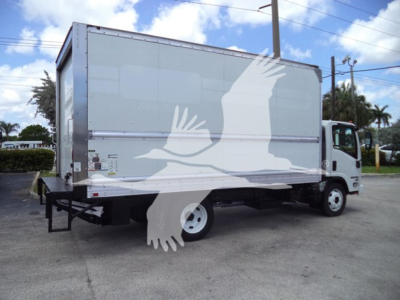 Isuzu NPR box truck with graphic artwork on side showing white outlines of hands. Side shows no legible engine or warning text from this angle.