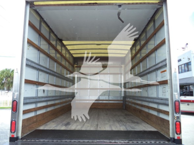 Isuzu NPR box truck cargo area interior showing empty plywood floor and metal side walls with rack rails; rear doors open.