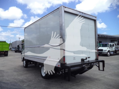 Isuzu NPR box truck rear view showing boxed cargo body and rear underride guard.