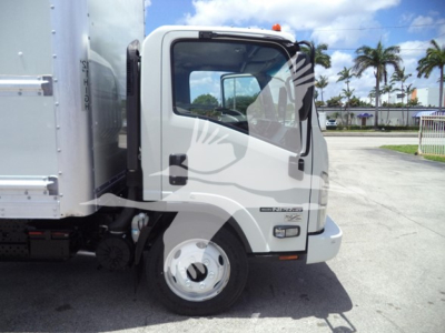 Isuzu NPR box truck cab side showing front wheel and door with decorative graphics and side mirror.