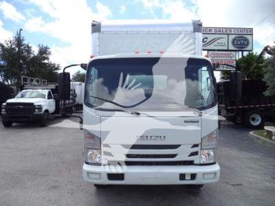 Isuzu NPR box truck front view showing cab and windshield with Isuzu emblem
