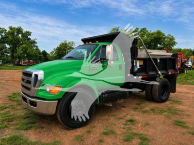 Green 2013 Ford F650 SD dump truck with black dump bed, side view, on dirt lot with trees in background.