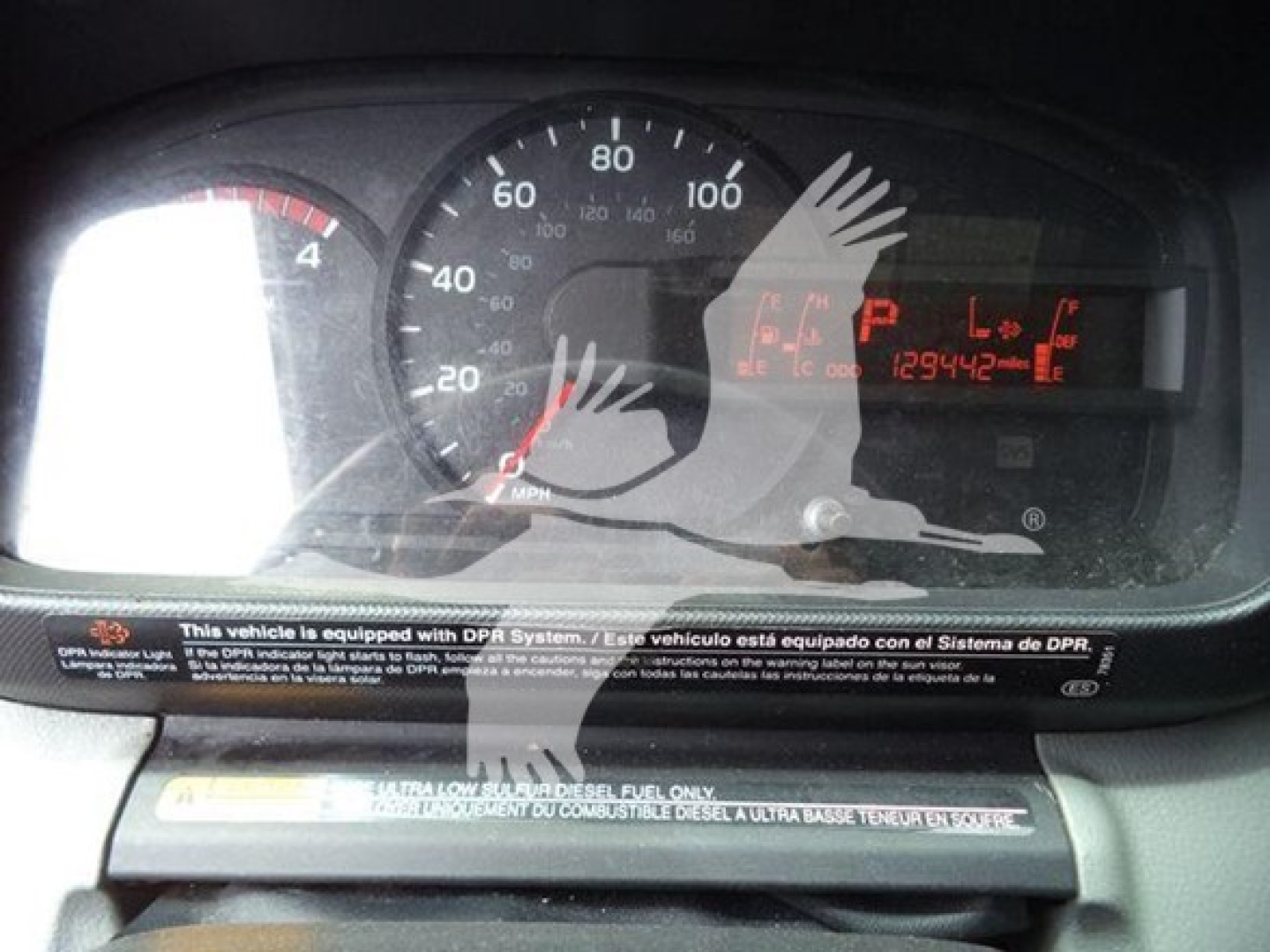 Dashboard of a 2020 Hino 195 refrigerated truck showing speedometer, digital display, and RPM gauge.