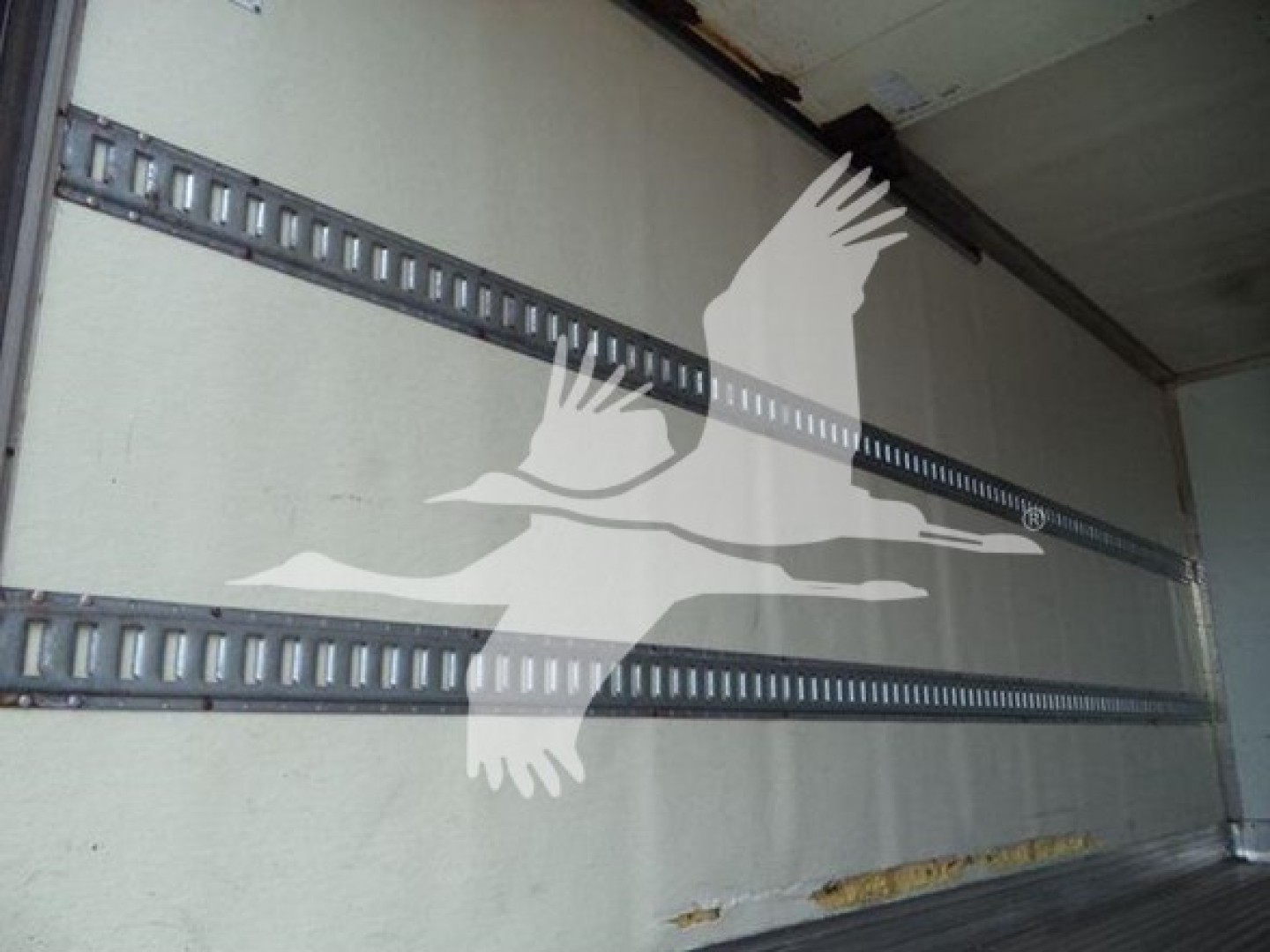 Truck box interior showing side rails and a white logo of a bird overlay.
