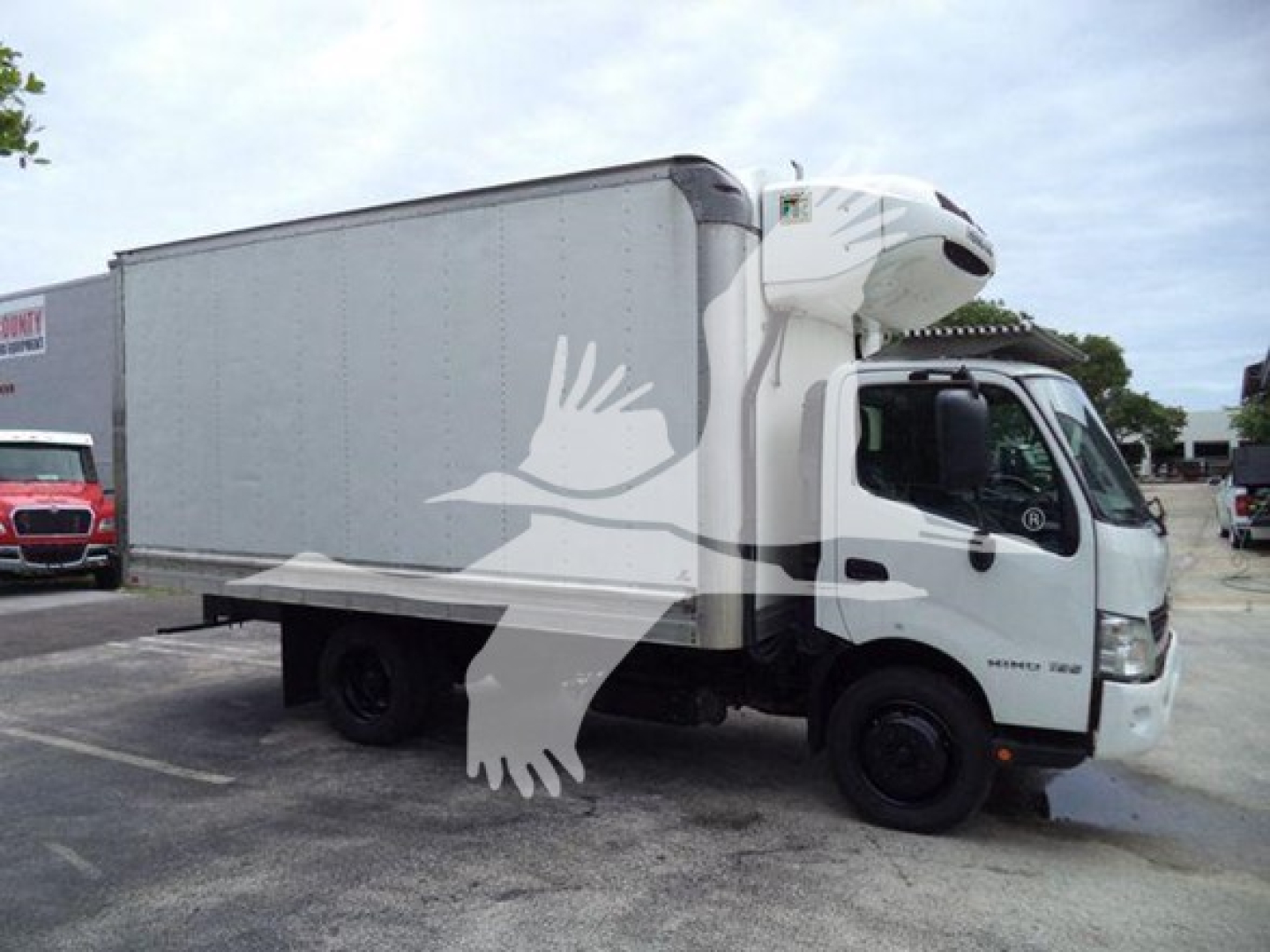 Mid-size white refrigerated box truck with a curved cab and a gray box body. Visible text includes 'HINO' on the cab door and a sticker near the windshield. The truck is parked in a lot.