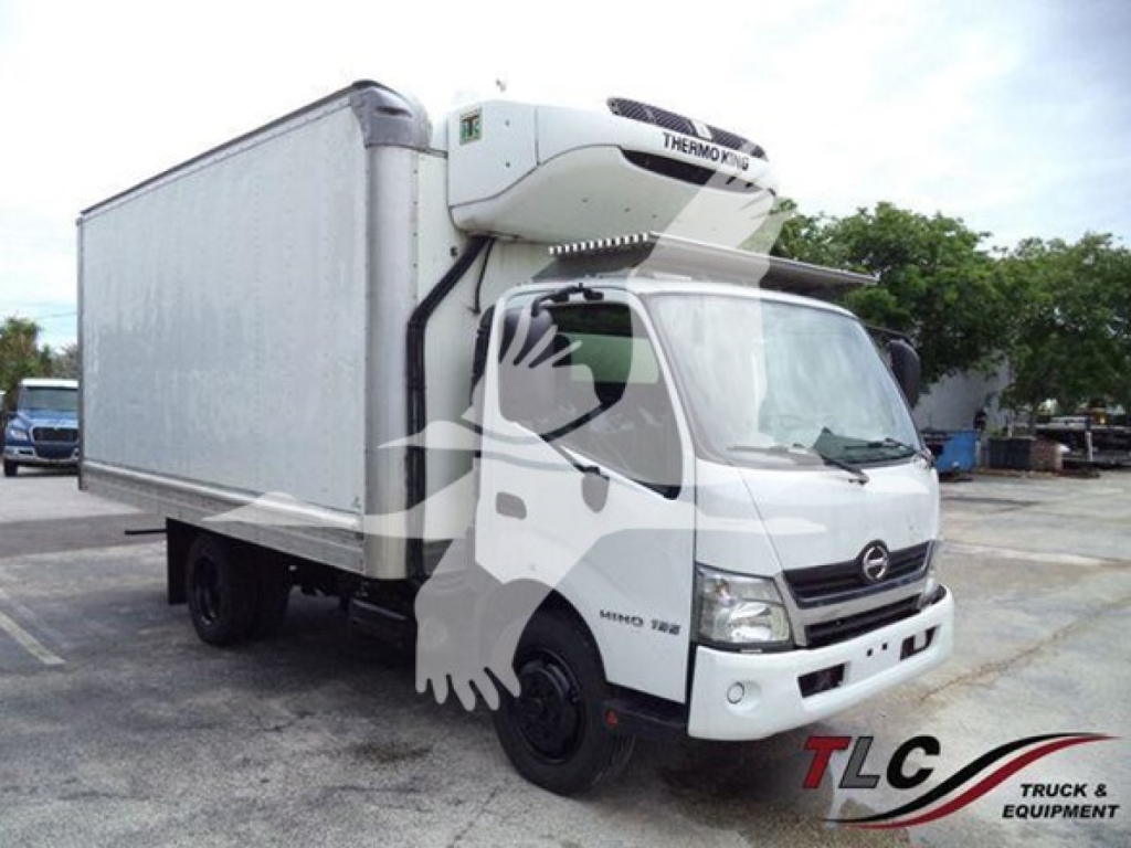 Hino 195 refrigerated truck with a Thermo King unit on a white cab, side view showing box cargo area.
