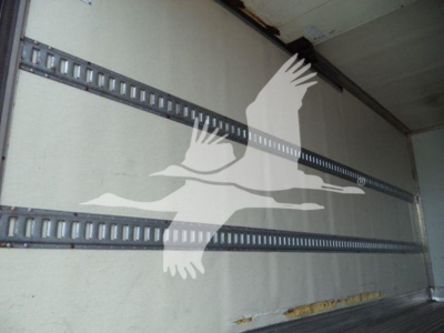 Truck box interior showing side rails and a white logo of a bird overlay.