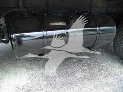Tank labeled 'DIESEL FUEL ONLY' mounted under a 2020 Hino 195 refrigeration truck.