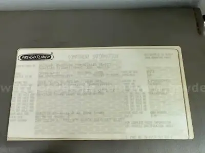 Freightliner Coronado component information plate with dense text and specs visible on label