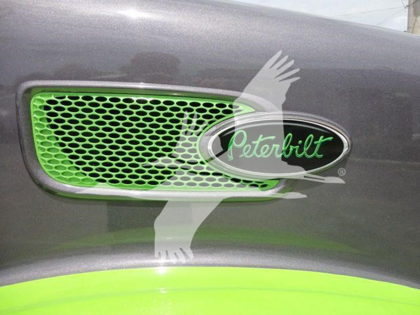 Peterbilt badge on truck hood with green grille insert and Peterbilt script logo visible.