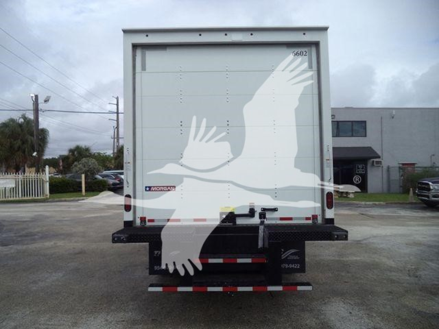 Box truck rear showing Morgan dry freight box with rear doors and black bumper, stock number 6500BOX.