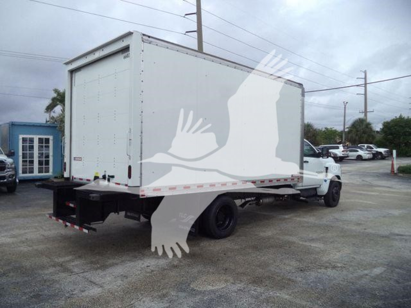 Box truck with a white cargo box on a flatbed chassis, rear view showing platform bumper and dual rear wheels, light gray sky in background.