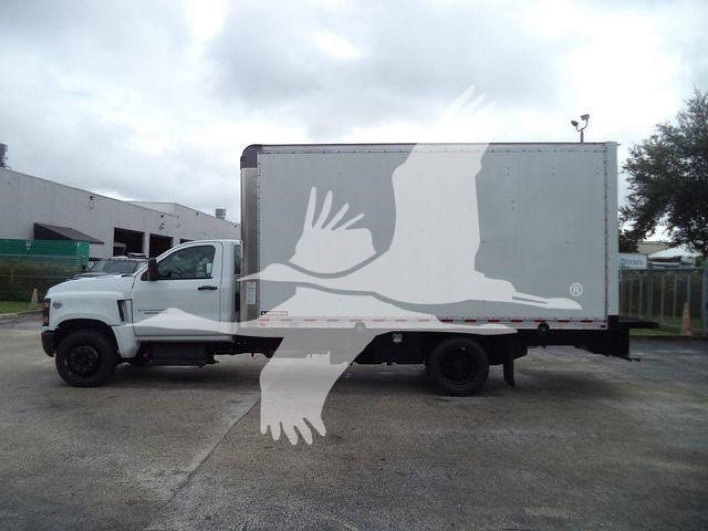Truck side view of a 2023 Chevrolet Silverado 6500HD box truck showing a large white box cargo area and cab on a parking lot.