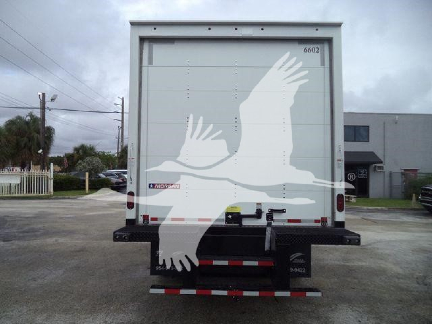 Box truck rear showing white CGR panel with bird graphic; tail lights, bumper, and lower reflective striping visible