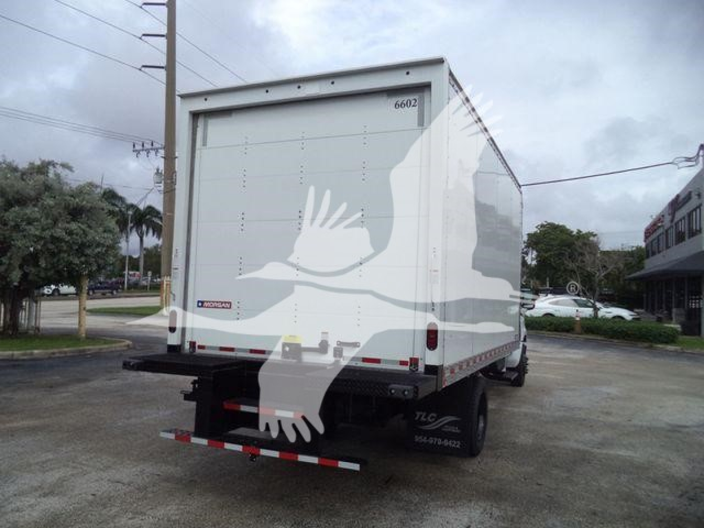 Rear view of a white 2023 Chevrolet Silverado 6500HD box truck showing stock number 5602 and a small label near the lower rear.