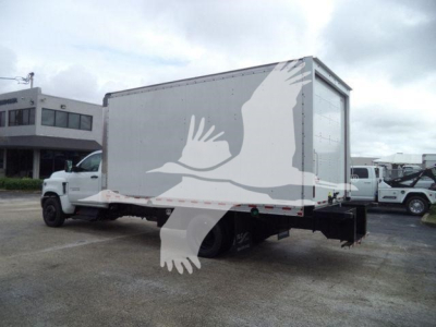 Box truck with a light gray/white cargo box mounted on a white cab chassis; faint watermark of a bird overlay on the image.