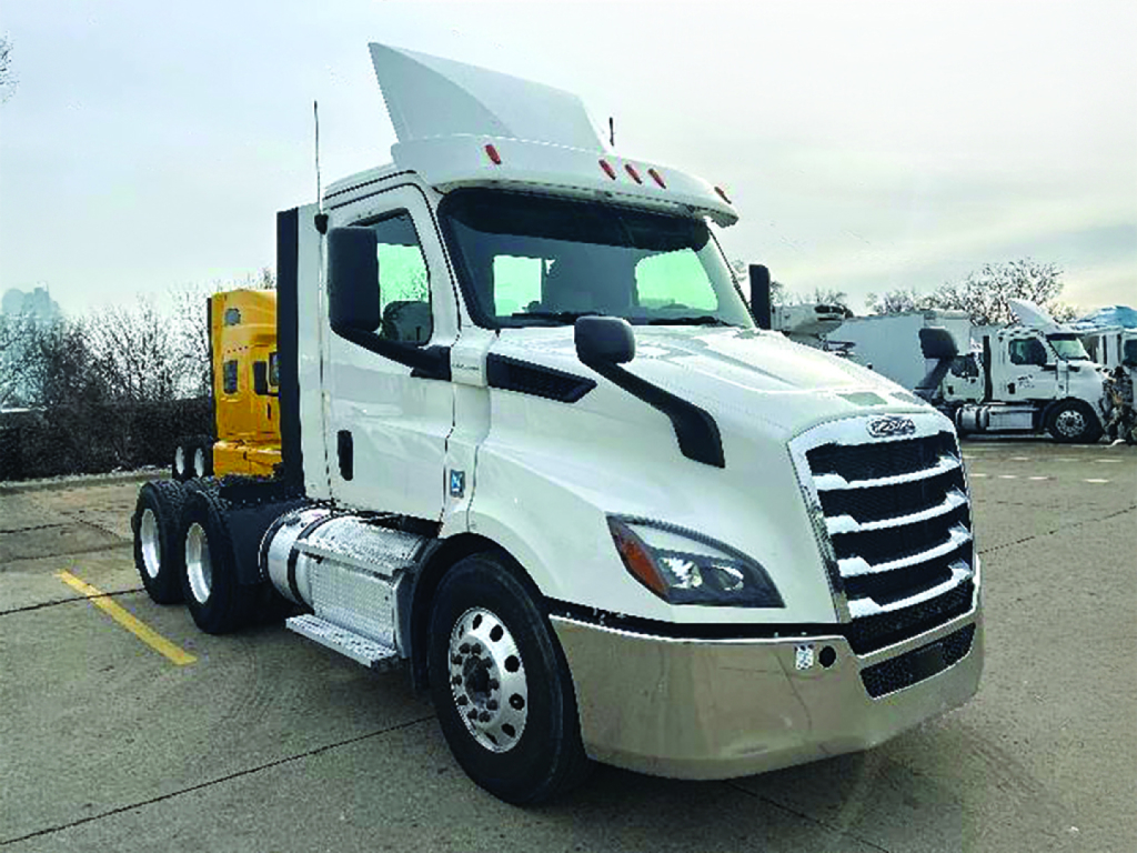 Freightliner Cascadia126 truck cab in white with hood open, side view, Detroit-style grille, fuel tanks, dual rear axles, up-front mirrors.