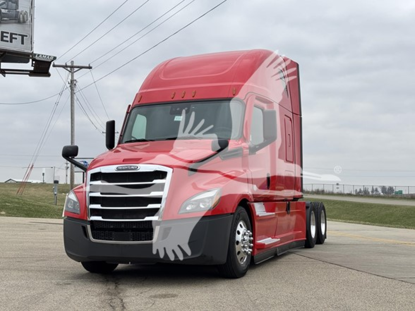 Freightliner Cascadia 126 semi truck in red, front three-quarter view showing chrome grille, sleeper cab, and dual rear axles.