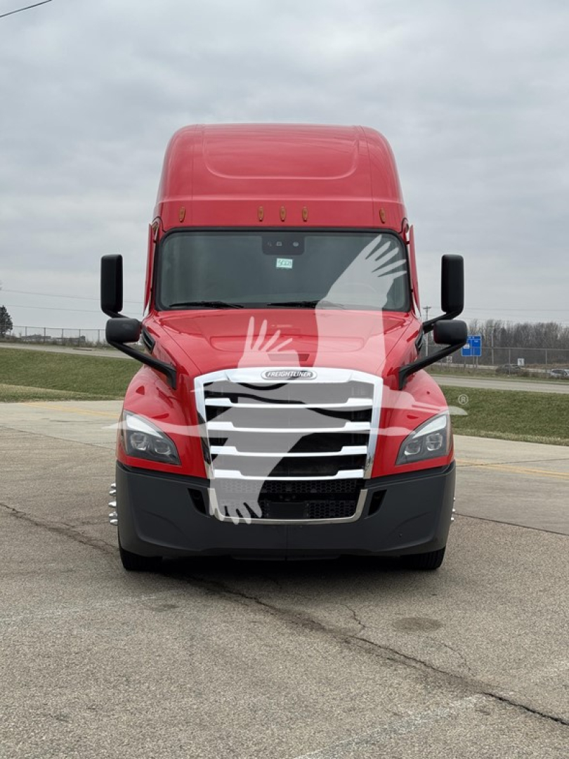 Freightliner Cascadia 126 truck front view showing red cab, black bumper, chrome grille, and side mirrors.