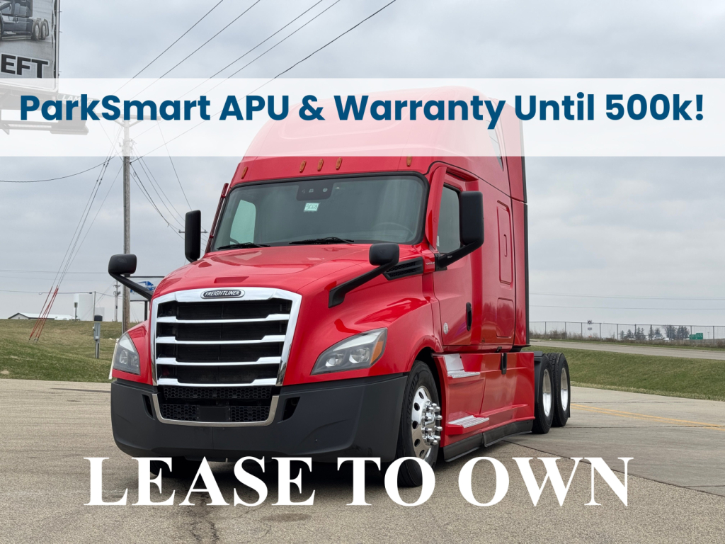Red Freightliner Cascadia 126 tractor in a lot with ParkSmart banner; 'LEASE TO OWN' text overlay across bottom.