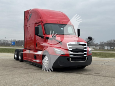 Freightliner Cascadia 126 sleeper cab truck front-left view with red paint, chrome grille, black bumper, and extended cab.