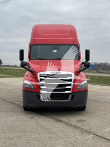 Freightliner Cascadia 126 truck front view showing red cab, black bumper, chrome grille, and side mirrors.