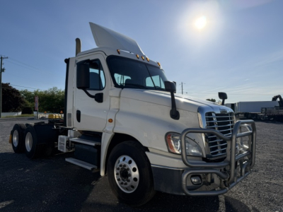  Freightliner Cascadia 125DC cab with bullbar and front grille guard, white exterior, large side mirrors, dual rear axles, sun glare in clear sky.