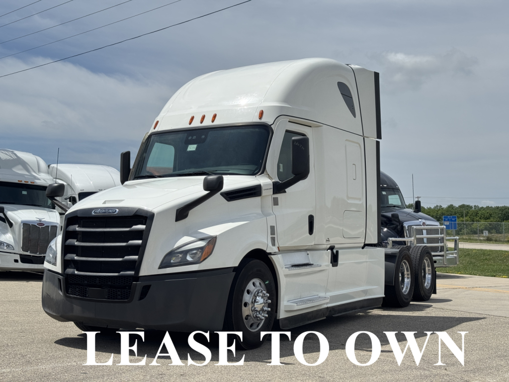 Freightliner Cascadia 126 tractor from front-left view with white cab and sleeper, LEASE TO OWN text over image.
