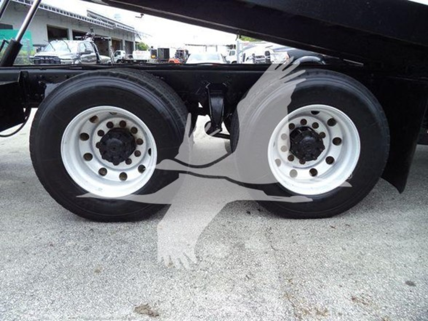 Freightliner Business Class M2 106 rear wheels showing dual white steel rims and tires under a rollback truck.