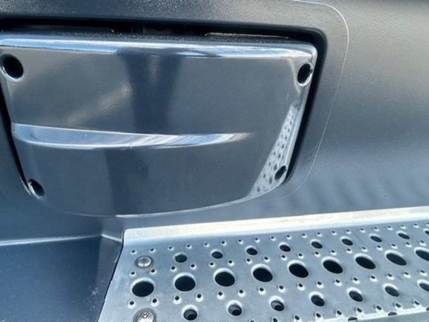 Freightliner Cascadia fuel/engine access area with step tread and side panel. Visible plastic storage pocket and perforated metal step, no legible text.