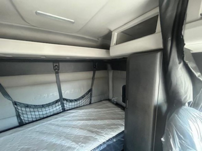 Freightliner Cascadia 116 sleeper cab interior showing sleeper bunk area with net storage and overhead compartments.