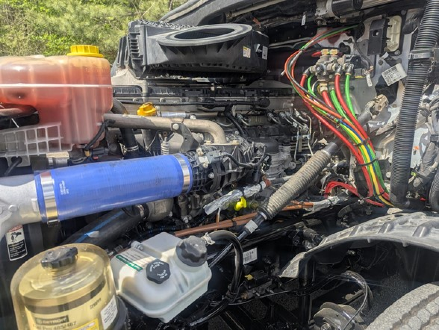 Freightliner Cascadia 126 engine bay with labeled hoses and reservoirs; visible components include coolant reservoir, blue cold air intake, brake fluid reservoir, power steering/auxiliary lines, and assorted wiring harnesses.