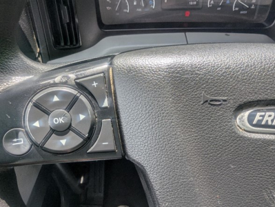 Steering wheel close-up of a Freightliner Cascadia showing control pad with OK button and directional arrows.