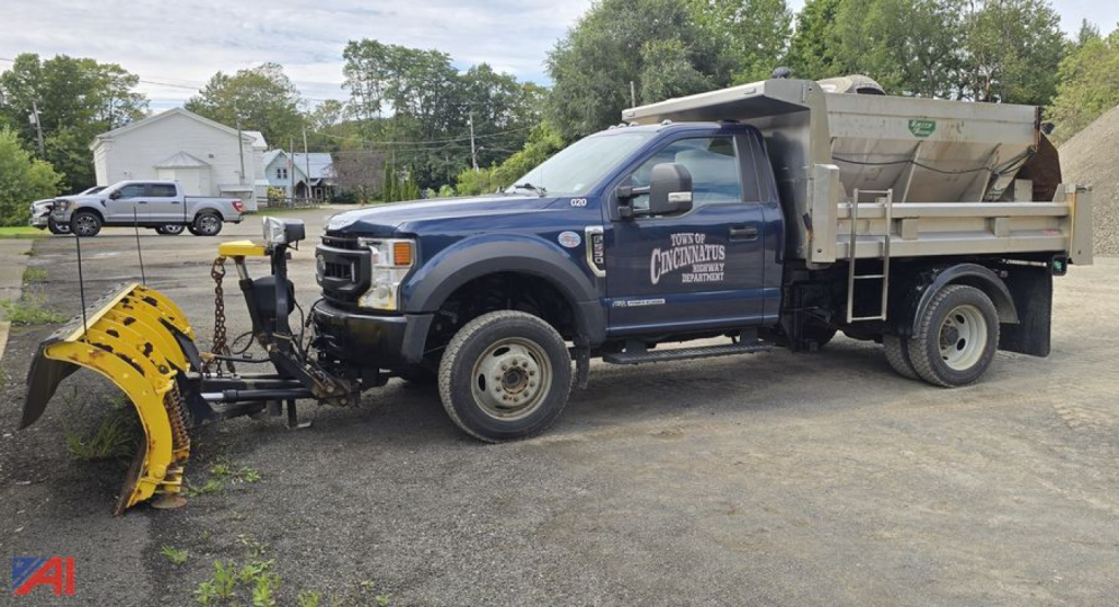 Ford F-550 Super Duty dump truck with front snow plow, dual rear wheels, blue cab, and dump bed in-service label visible on door, side view.