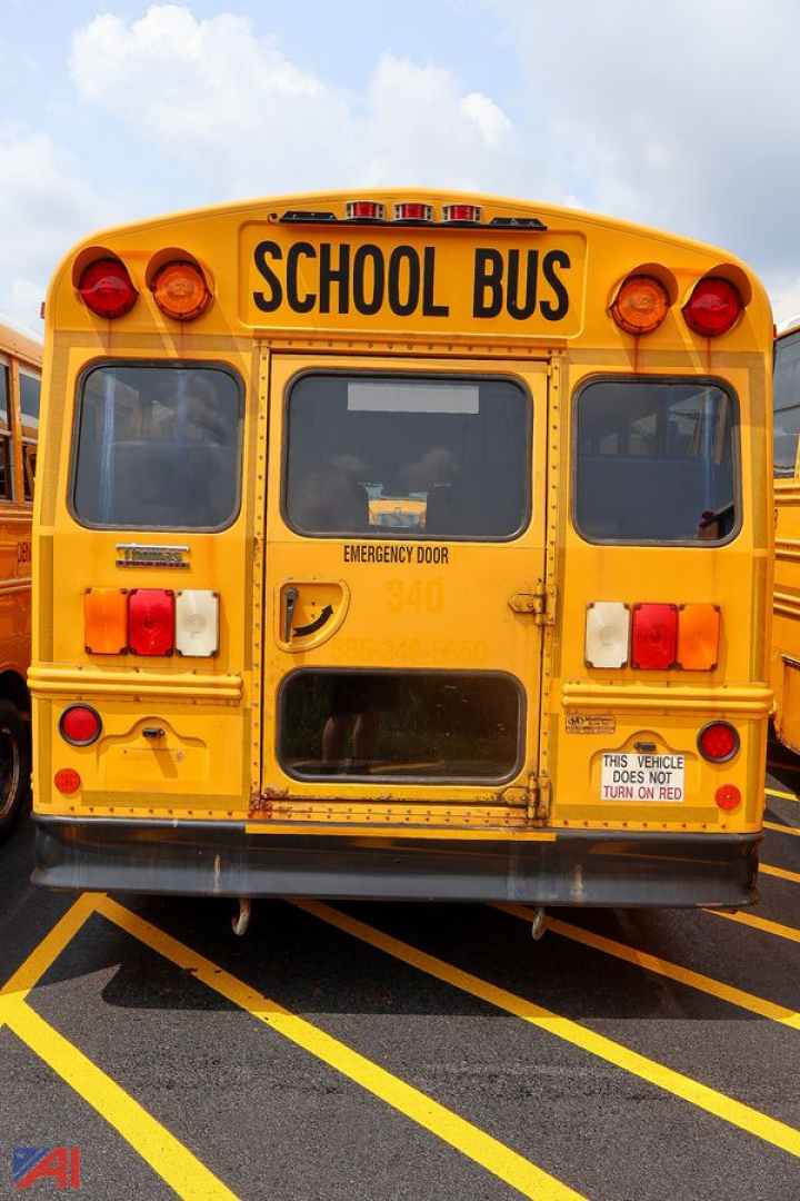Back view of a yellow school bus with 'SCHOOL BUS' sign, emergency door, taillights, and rear bumper.
