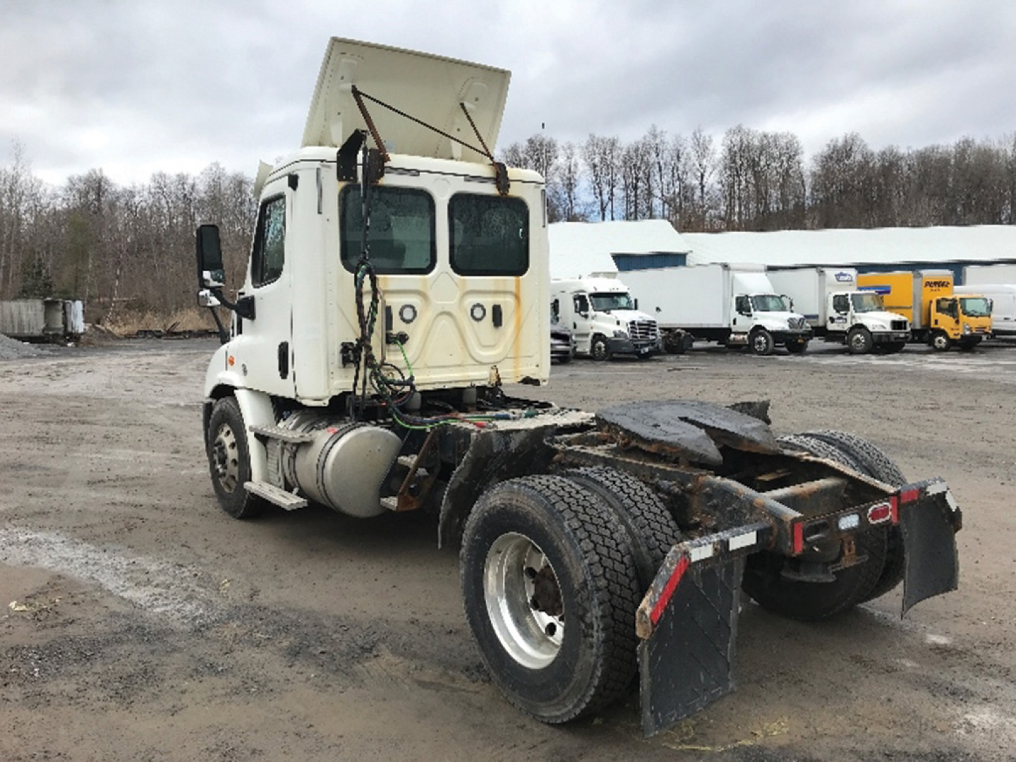 Truck cab and chassis of a 2018 Freightliner Cascadia113 daycab in a used-trucks lot, rear view showing fifth wheel area and fuel tanks.